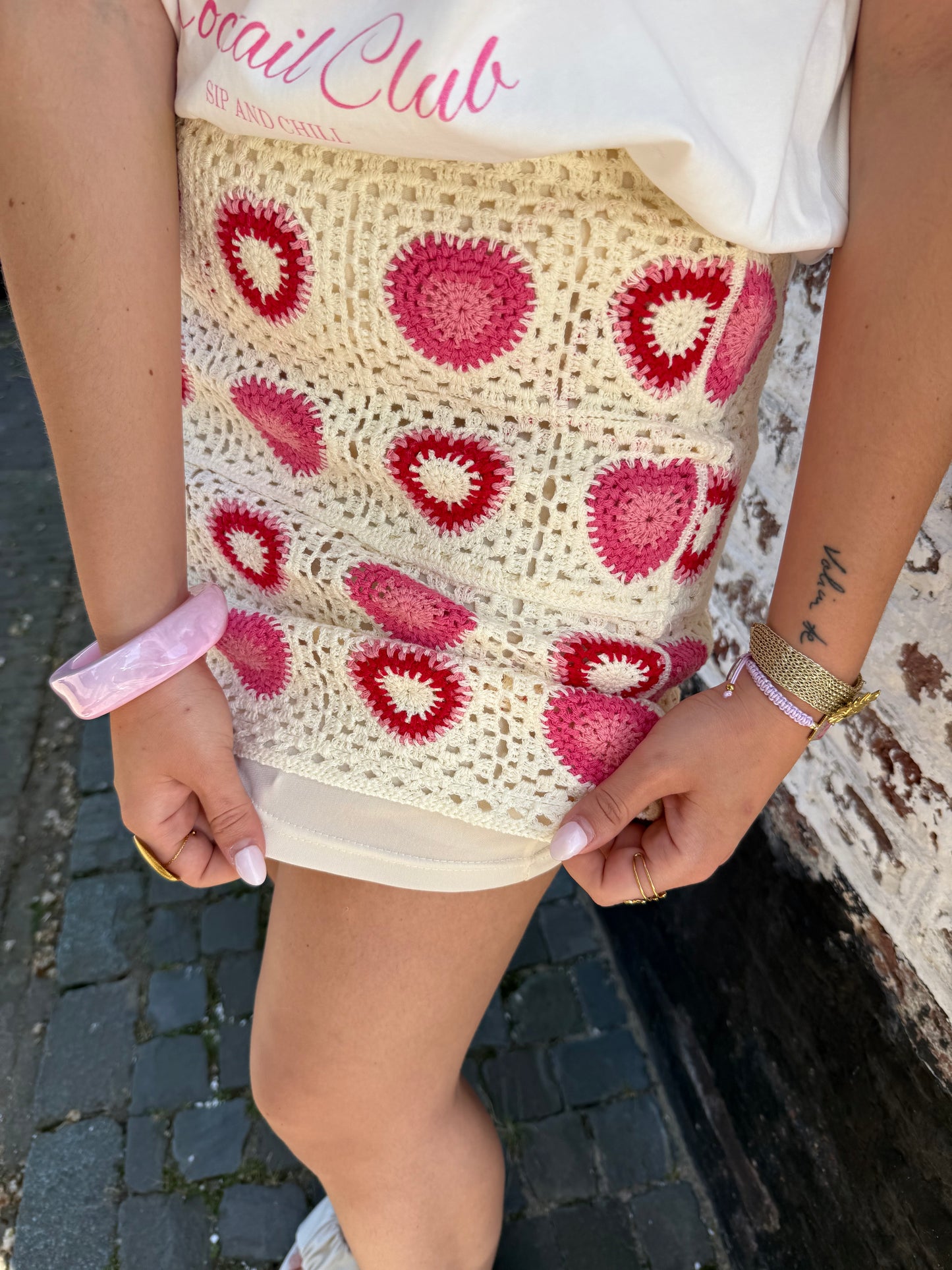 Rok geborduurde hartjes - Beige/Roze
