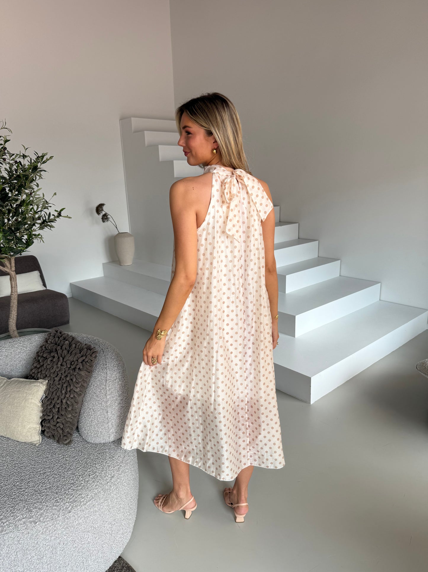 Jurk midi halter met stippen - Beige