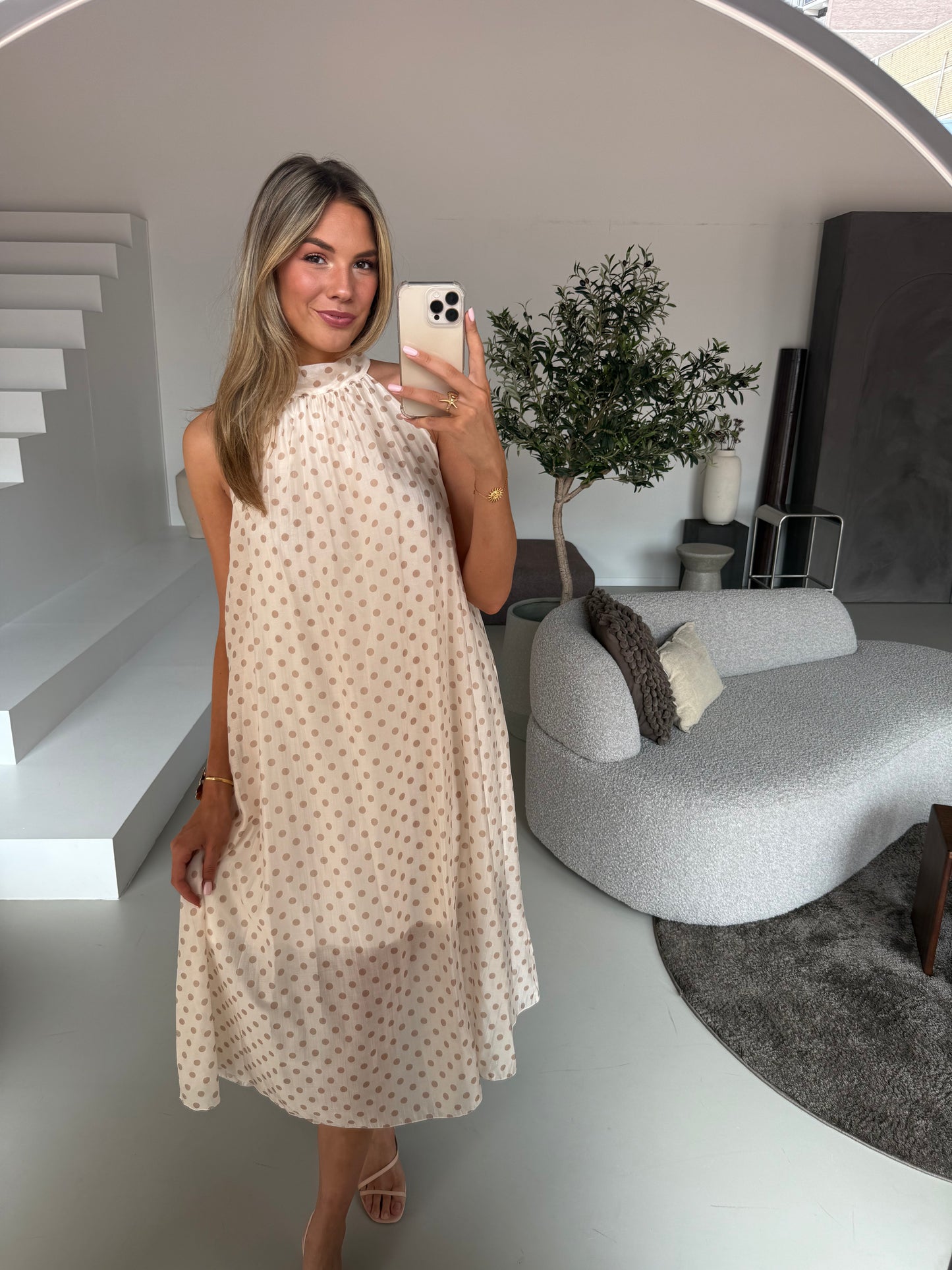 Jurk midi halter met stippen - Beige