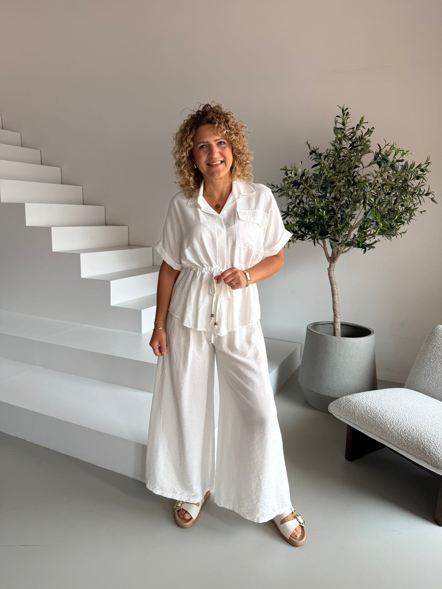 Co-ord set linnenlook met veter - Ecru/Wit