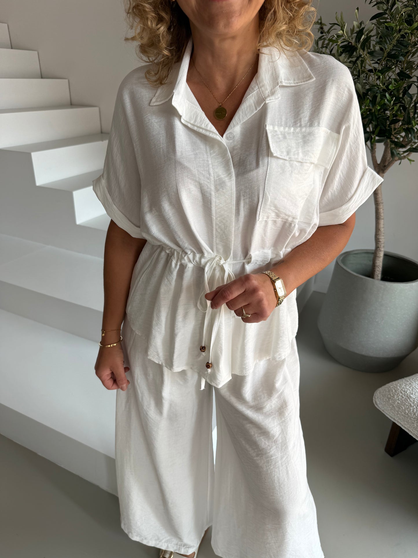 Co-ord set linnenlook met veter - Ecru/Wit