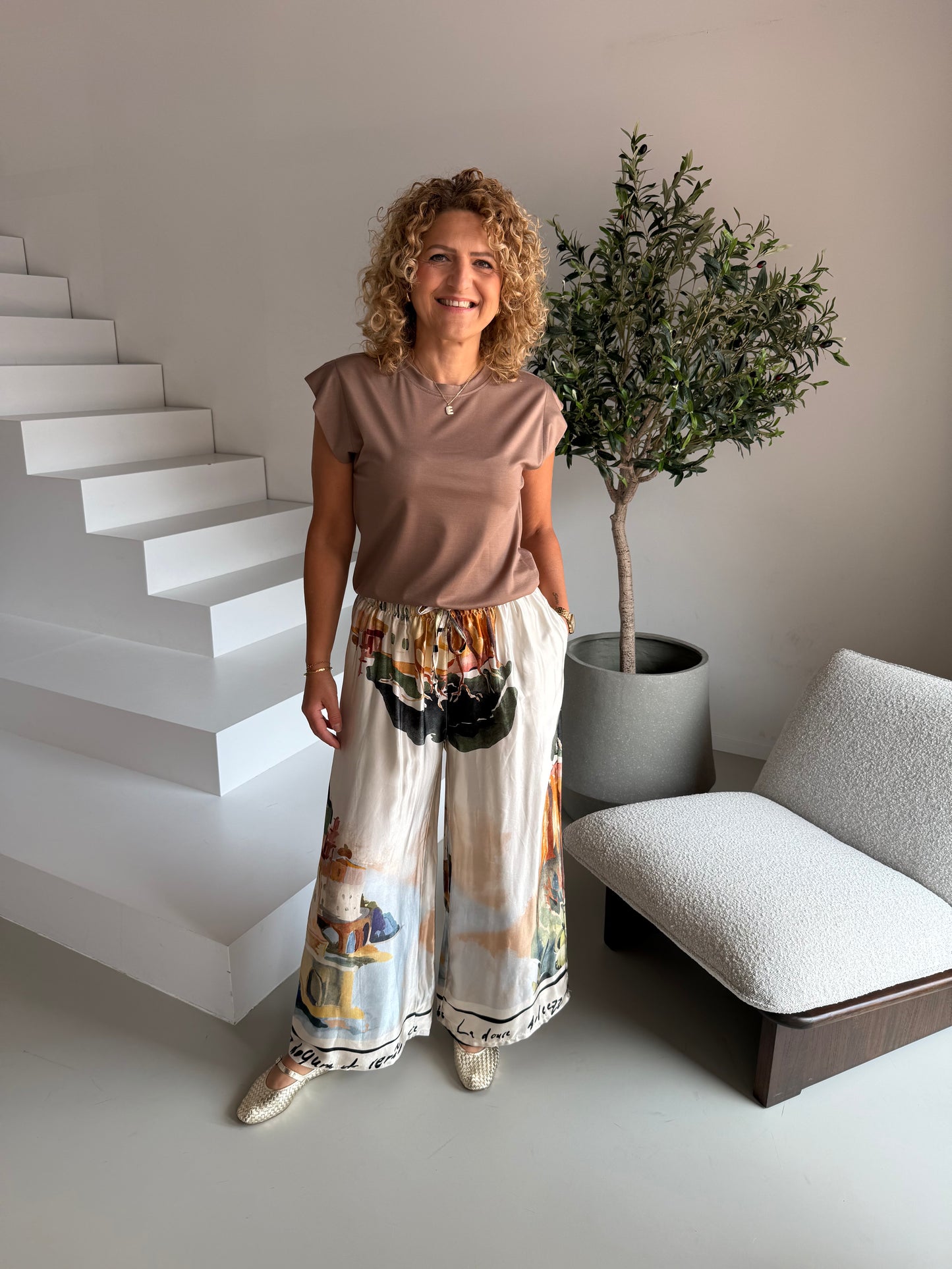 Broek silky print met veter - Ecru/Multi