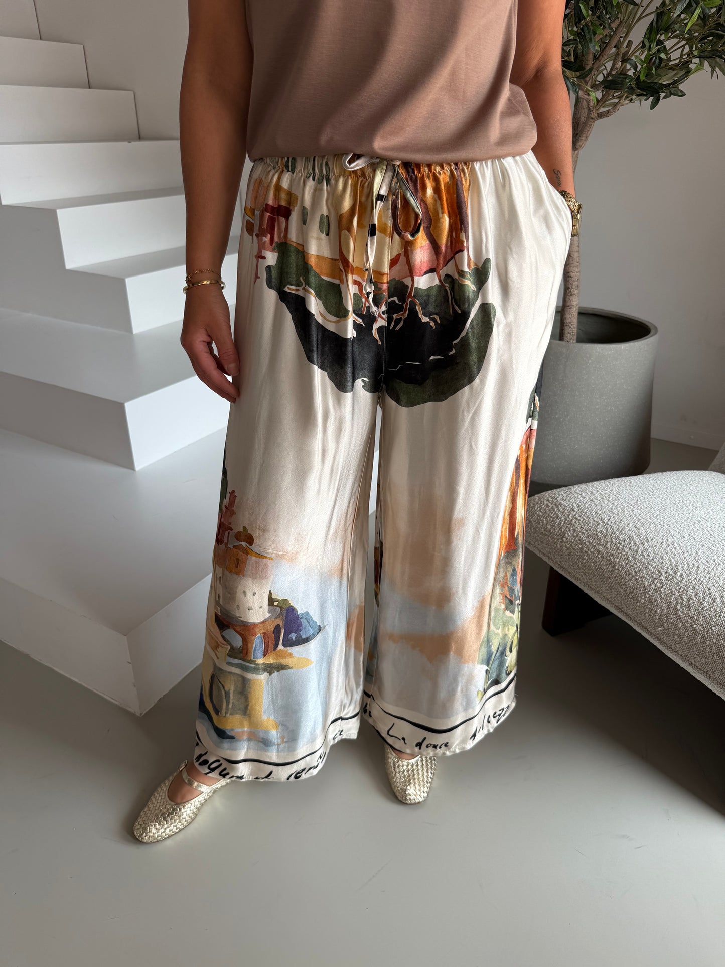Broek silky print met veter - Ecru/Multi