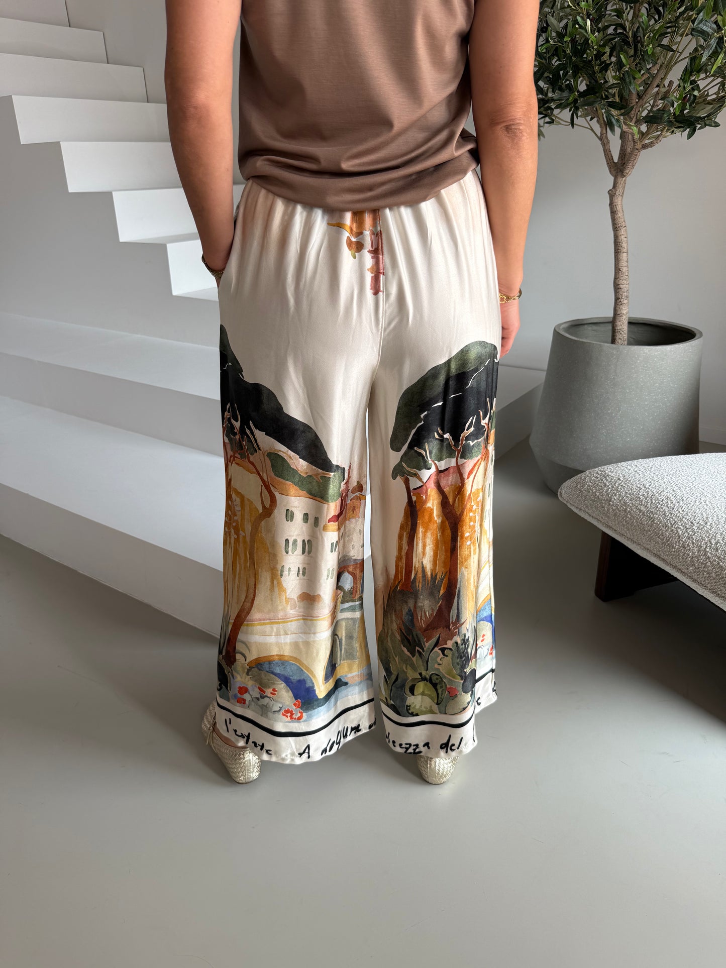 Broek silky print met veter - Ecru/Multi