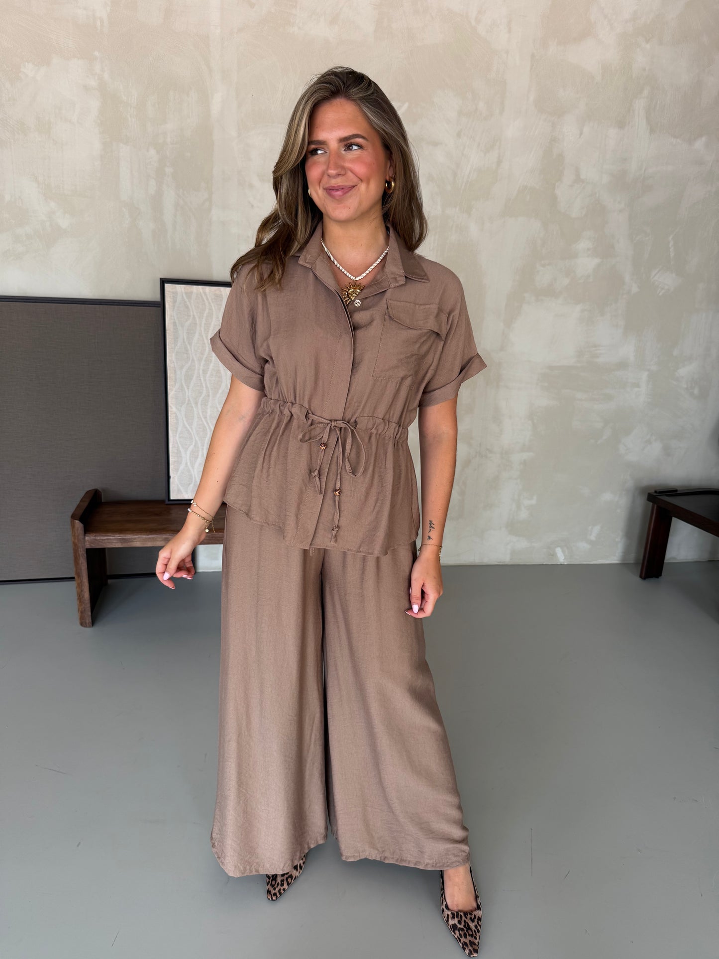 Co-ord set linnenlook met veter - Bruin