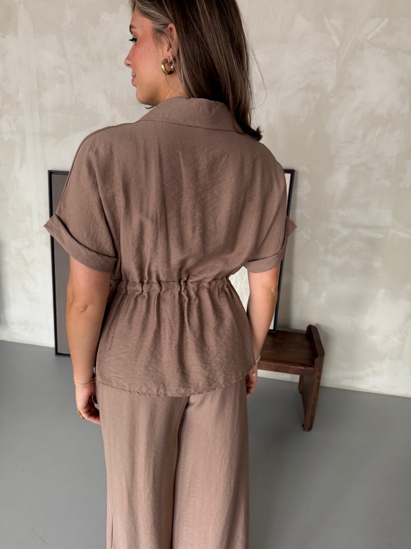 Co-ord set linnenlook met veter - Bruin