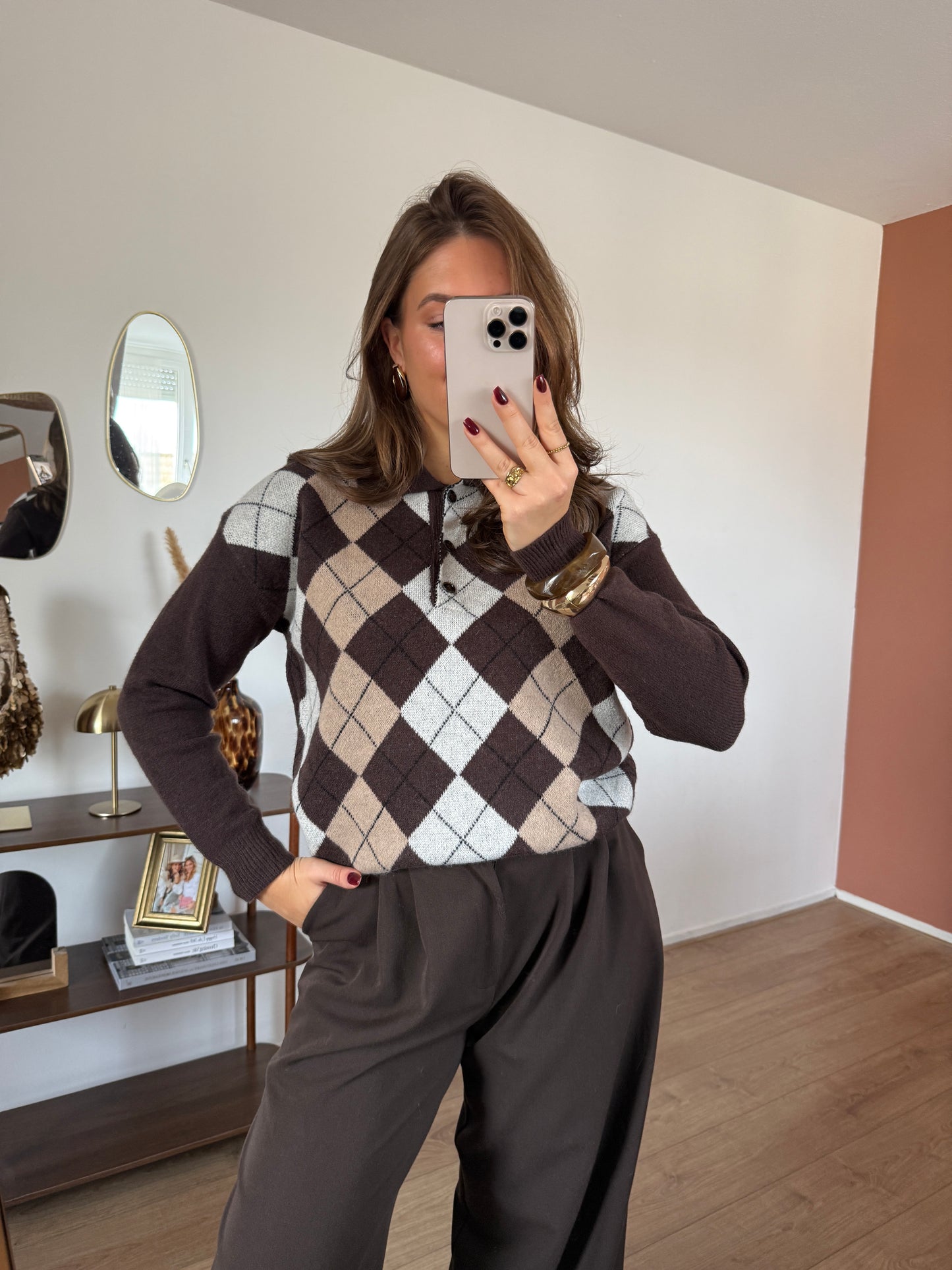 Trui met ruiten met kraag - bruin/beige