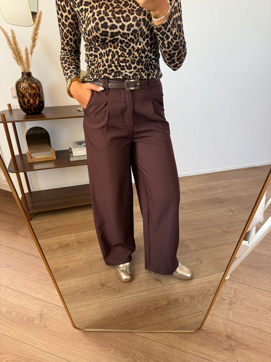 Pantalon met elastiek en riem - Bruin