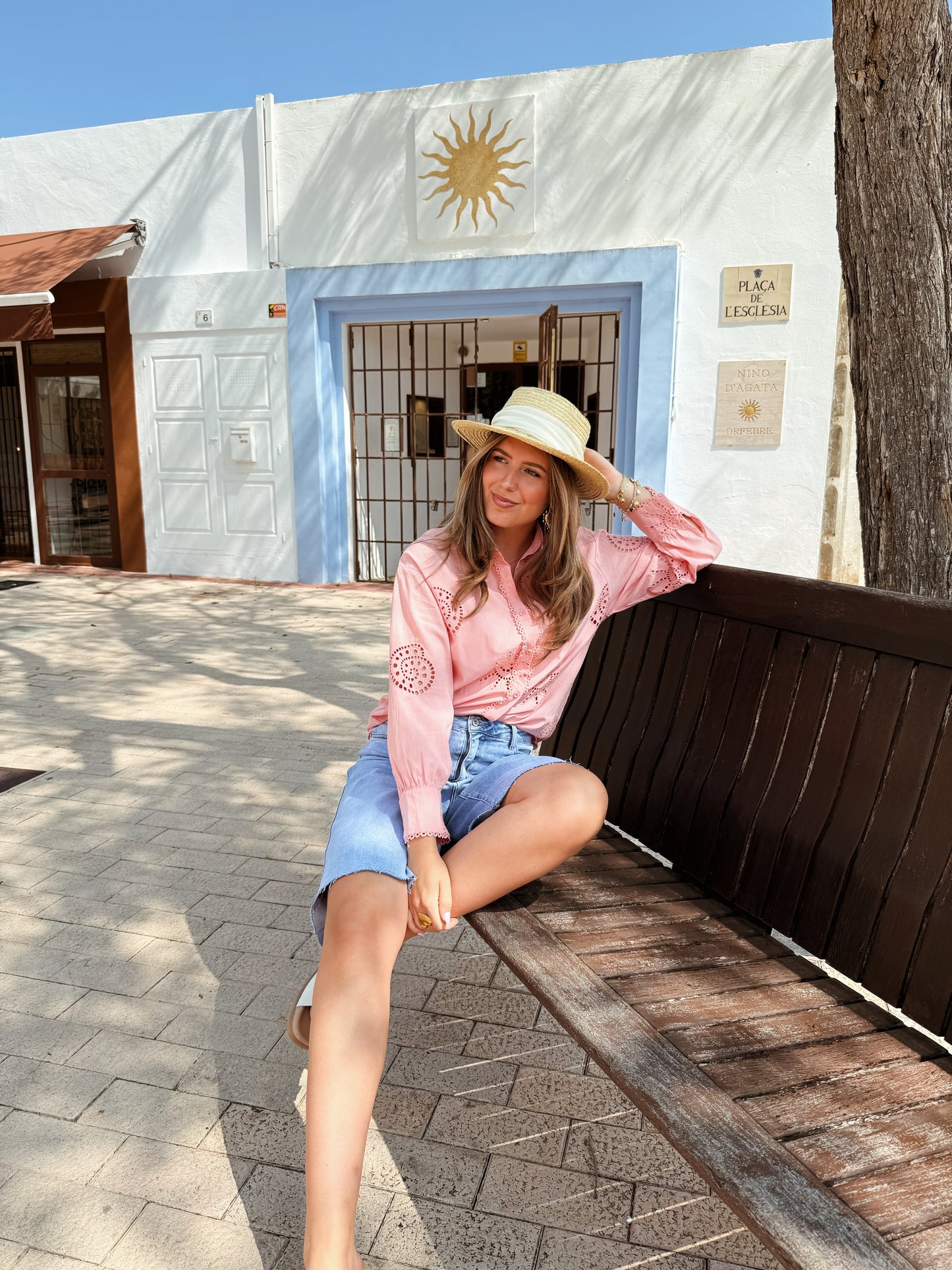 Blouse met zon borduur - Koraal