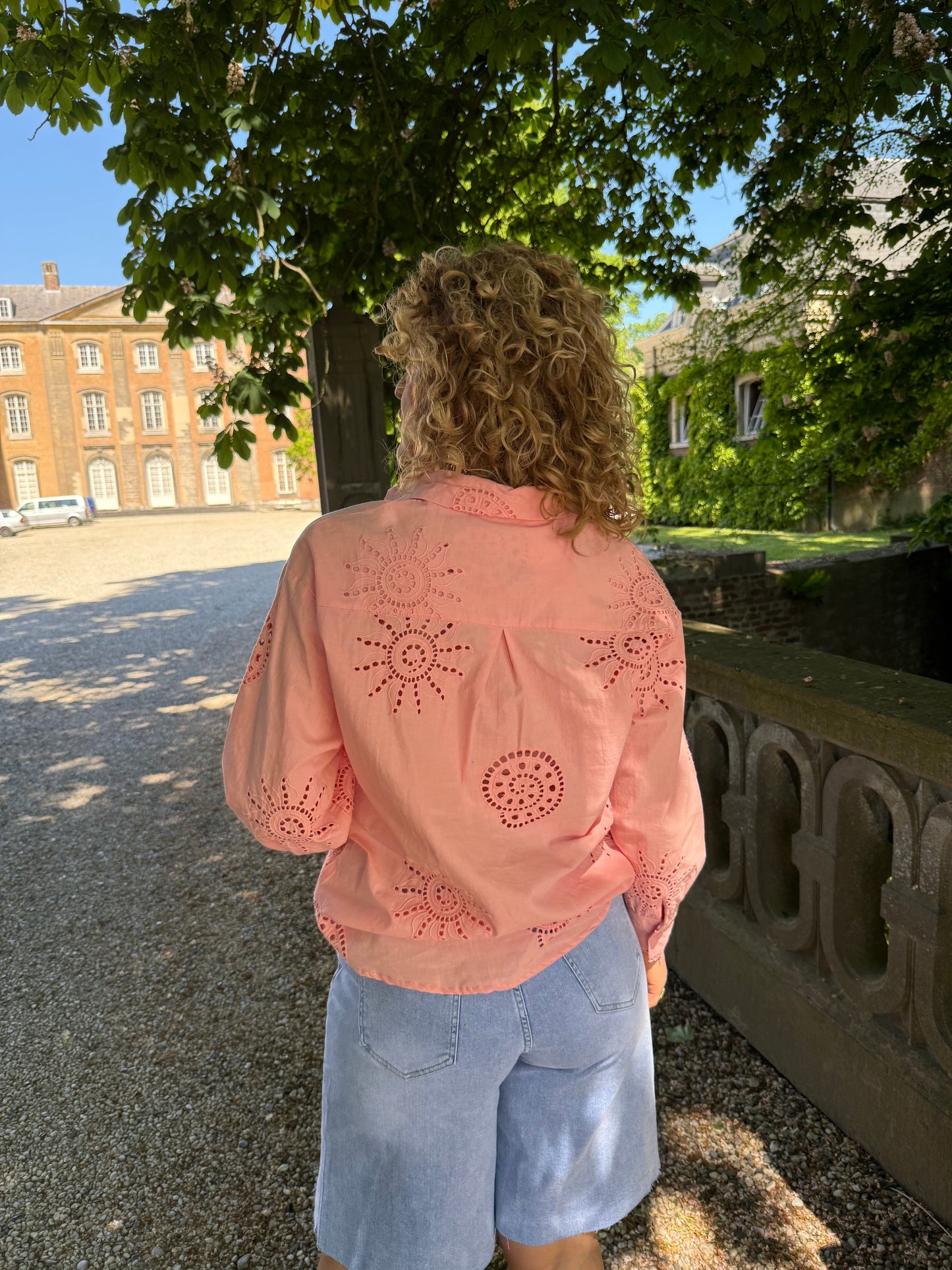 Blouse met zon borduur - Koraal