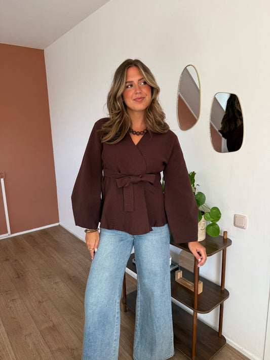 Overslag vest met ballon mouw - Choco bruin