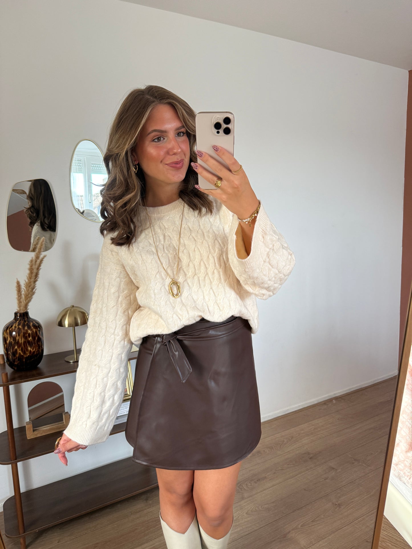 ZIA leren rok met overslag - Choco bruin