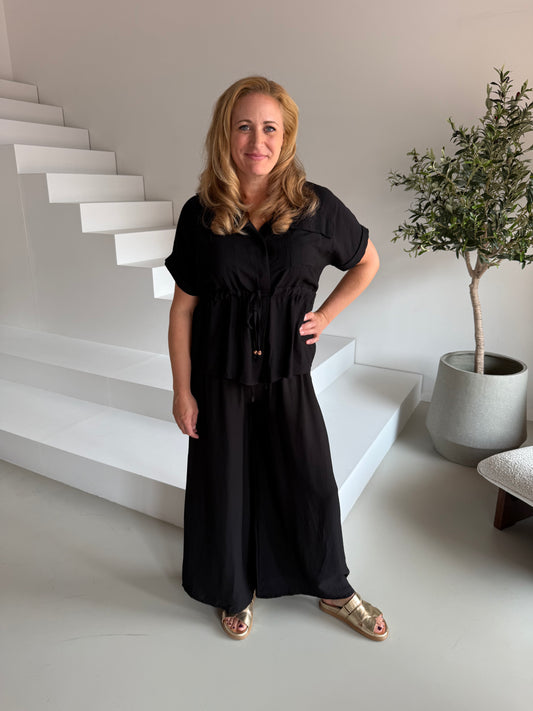Co-ord set linnenlook met veter - Zwart