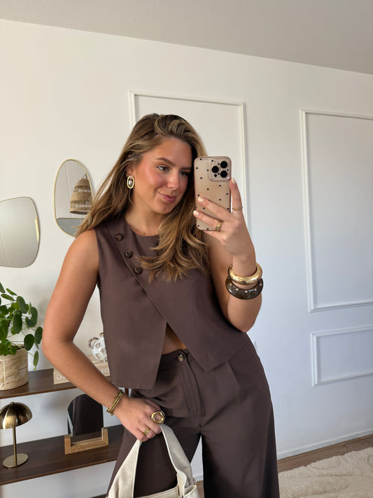 Top met overslag en knopen (set) - Bruin