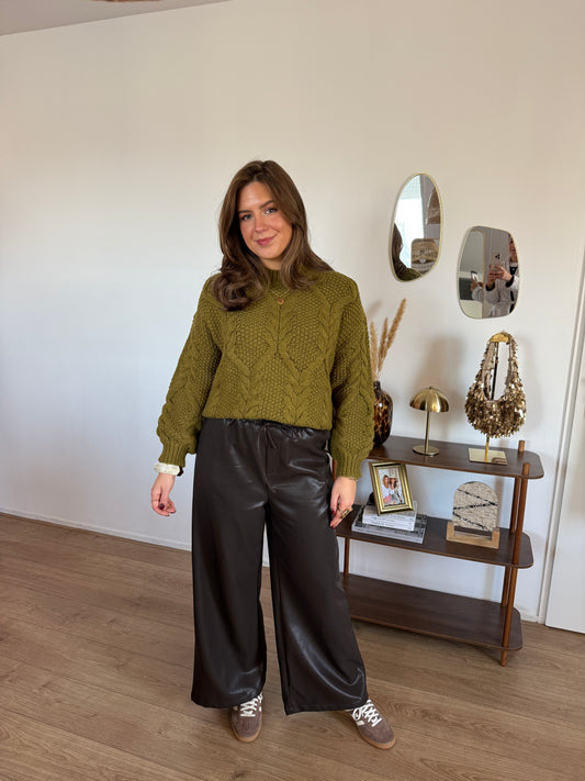 PU leren broek met elastiek - donkerbruin