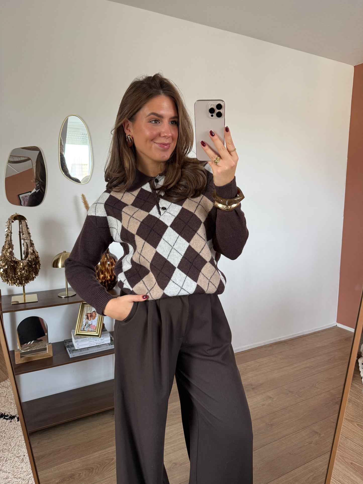 Trui met ruiten met kraag - bruin/beige