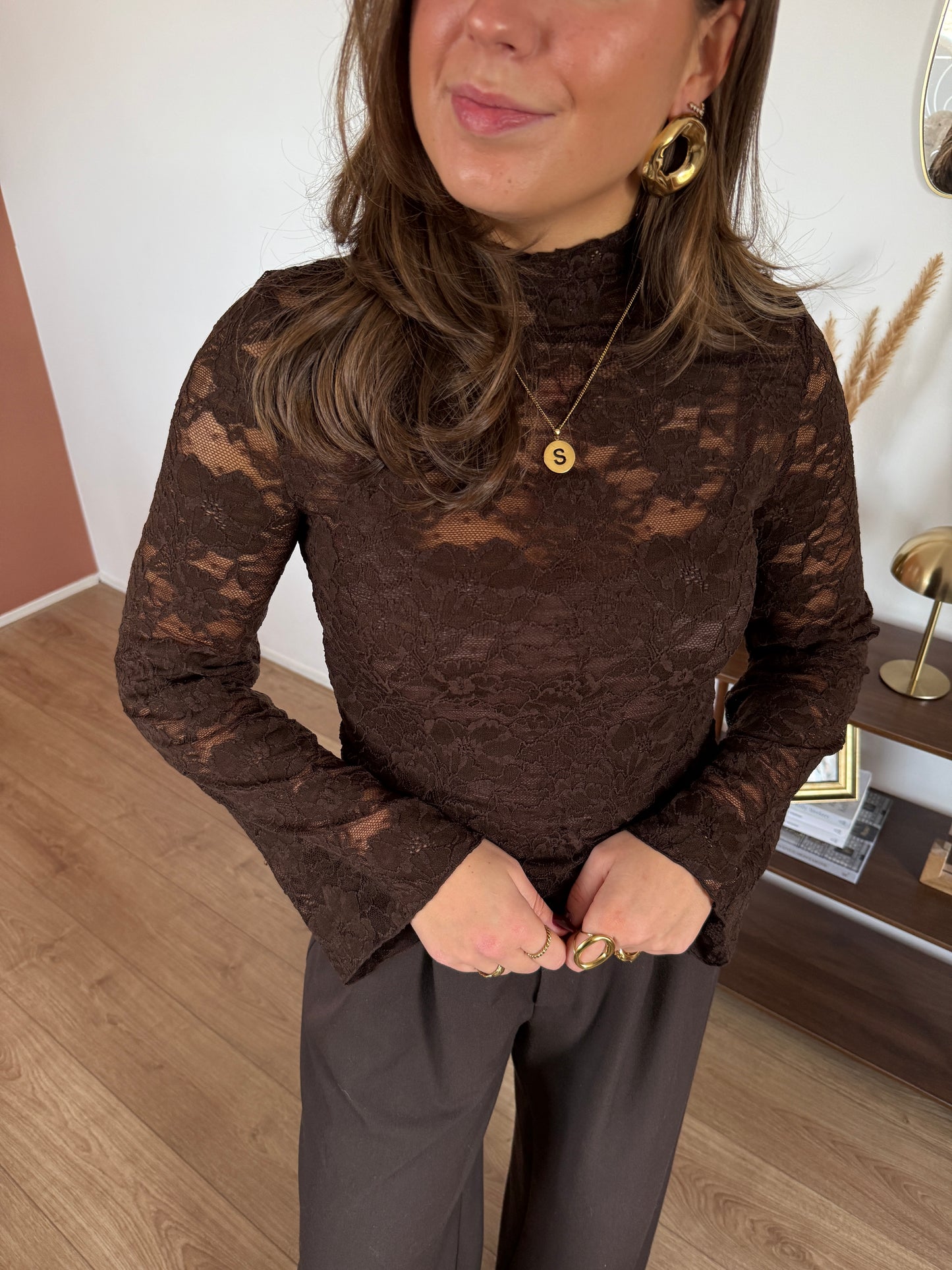 Kanten top met wijde mouwen - donkerbruin