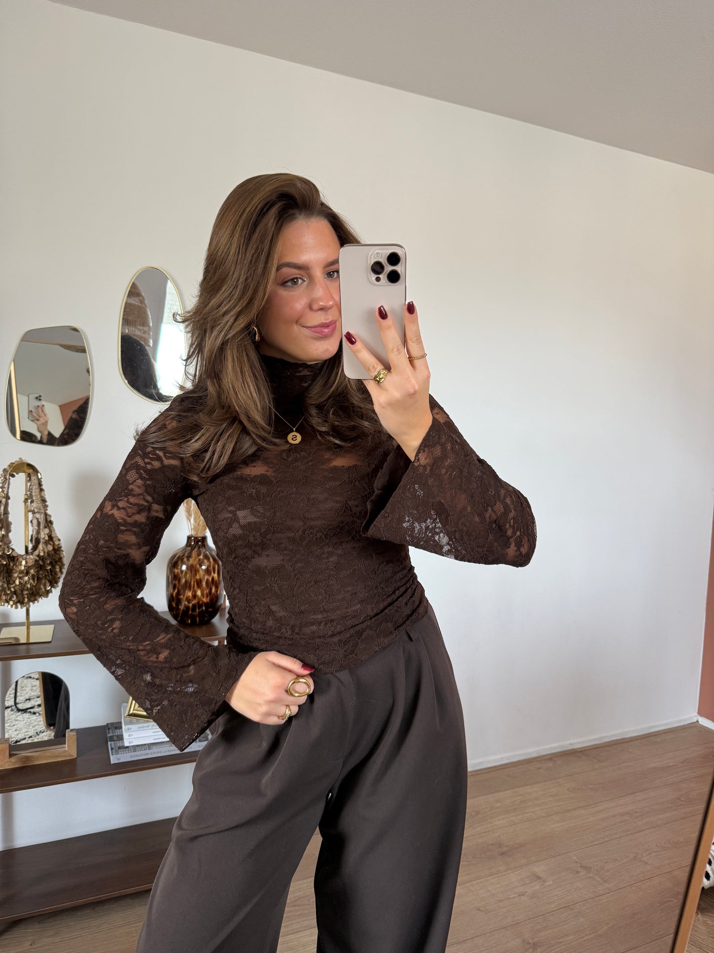 Kanten top met wijde mouwen - donkerbruin