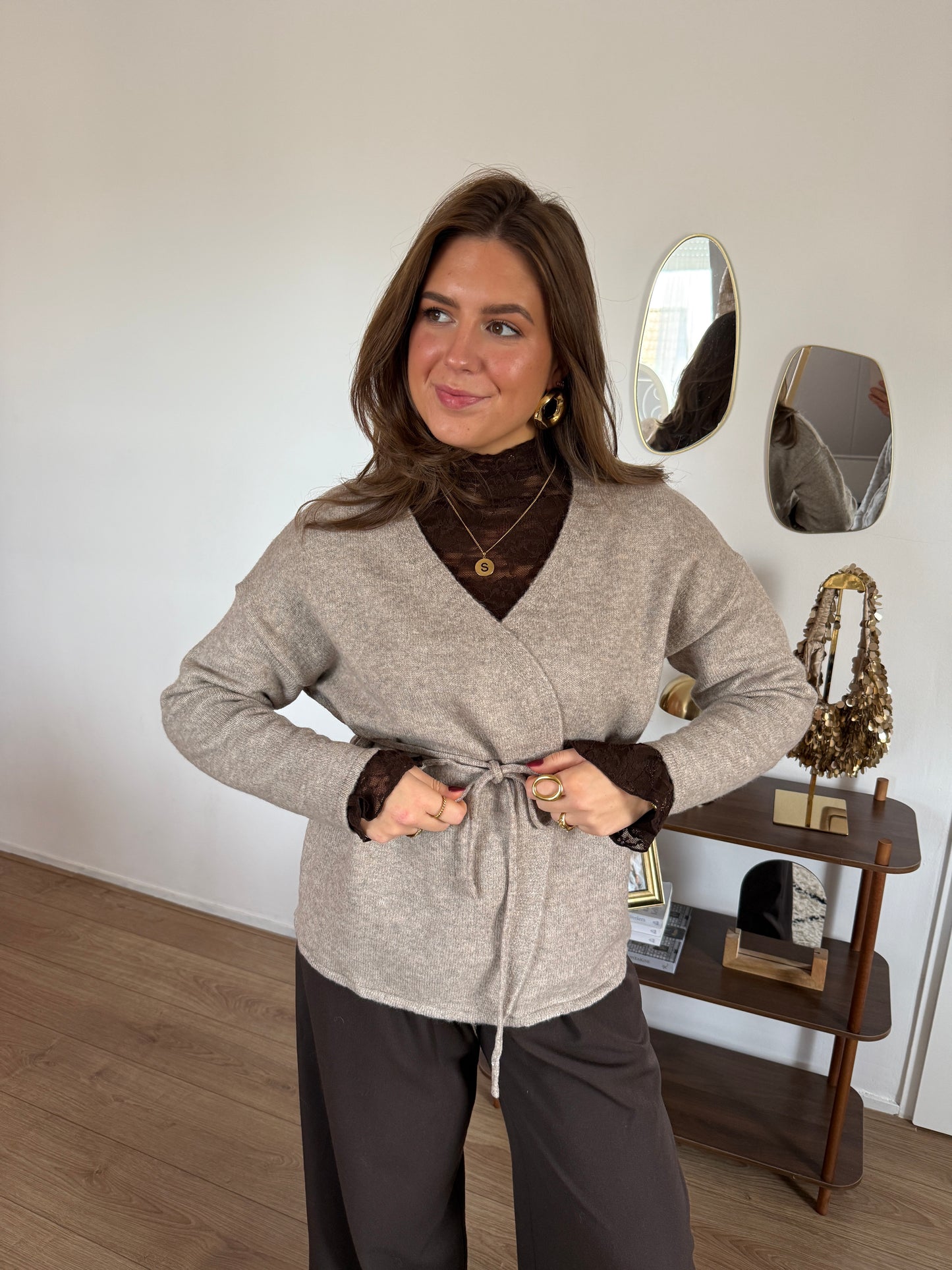 Vest zacht met ceintuurtje - taupe/beige