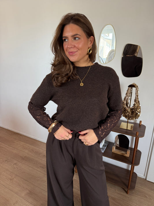 Trui met kanten mouwen - bruin