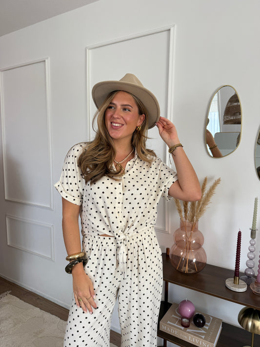 Set linnenlook stippen  - beige/zwart